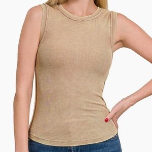 Zenana Brown Acid Washed Ribbed Sleeveless Top